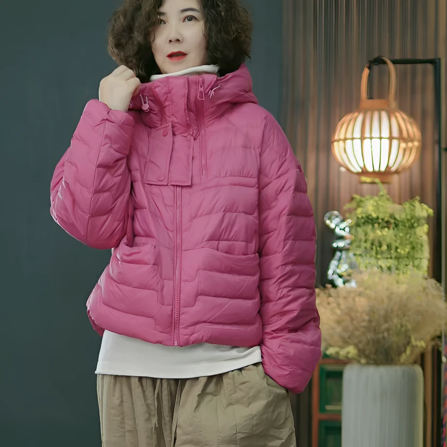 楼梯  拉链90绒2024秋冬新款时尚休闲蓬松时尚羽绒服连帽保暖