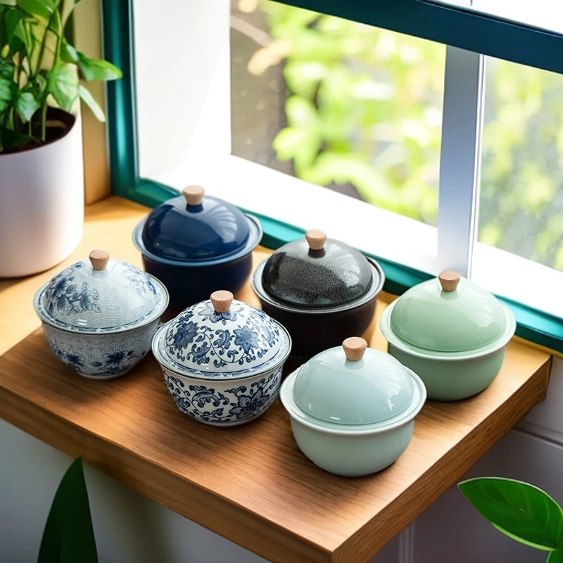 青花瓷烟灰缸陶瓷带盖烟灰家用客厅复古防飞灰烟缸大容量创意摆件