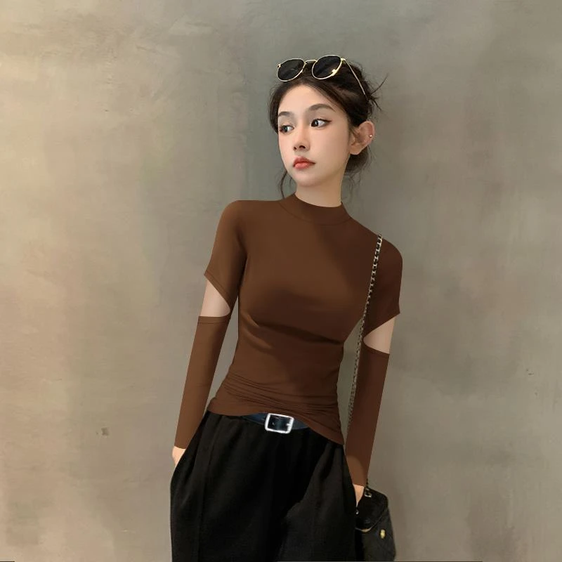 VOCKOO2025新款秋冬咖色小高领长袖打底衫女破洞针织洋气内搭设计