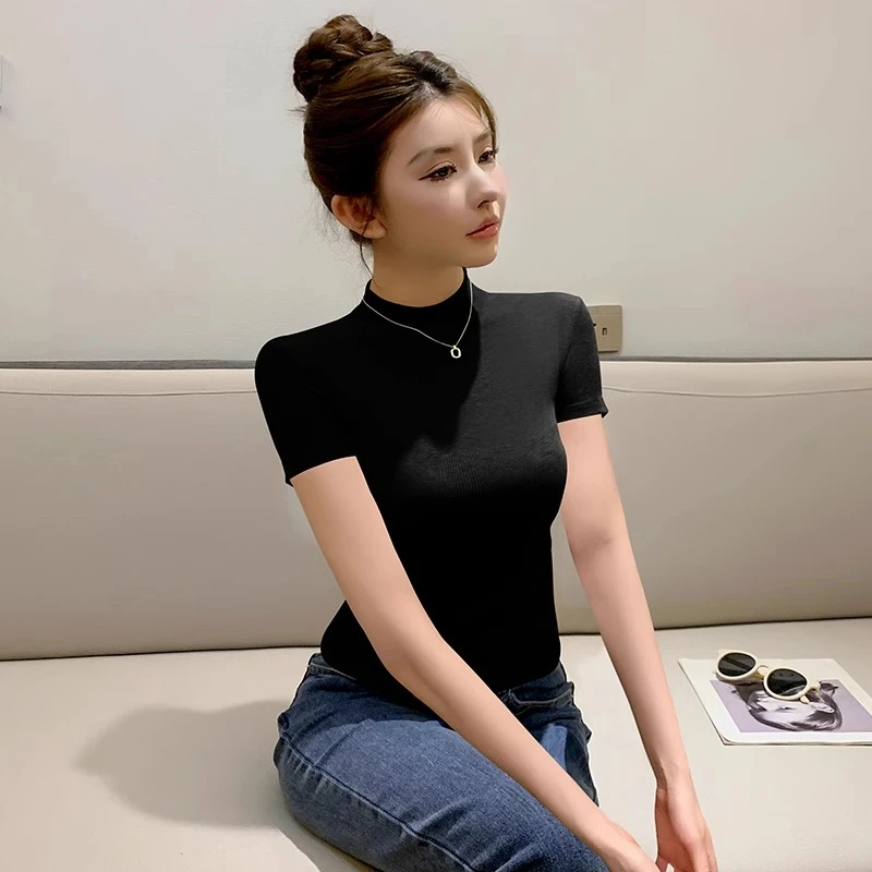 VOCKOO半高领正肩短袖t恤女2025春夏螺纹打底衫内搭设计感黑色修