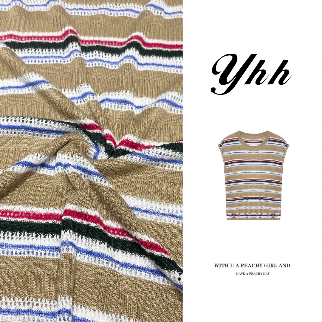 【YHH】夏季民族风条纹圆领镂空针织衫短袖-YHW4517