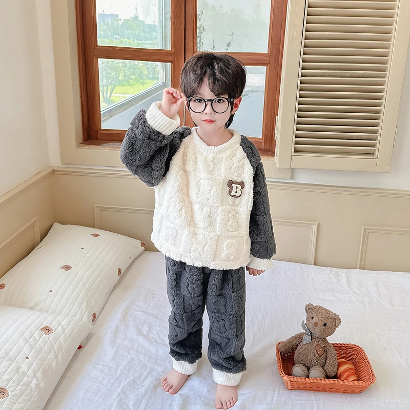 男童睡衣宝宝加绒加厚秋冬季珊瑚绒男孩法兰绒儿童冬季套头家居服