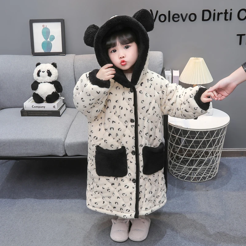 儿童睡袍睡衣套装冬季加厚款三层夹棉女童小孩珊瑚绒法兰绒家居服