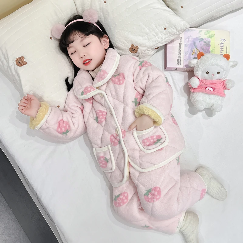 女童三层夹棉睡衣秋冬儿童加厚保暖套装冬季宝宝加绒珊瑚绒家居服