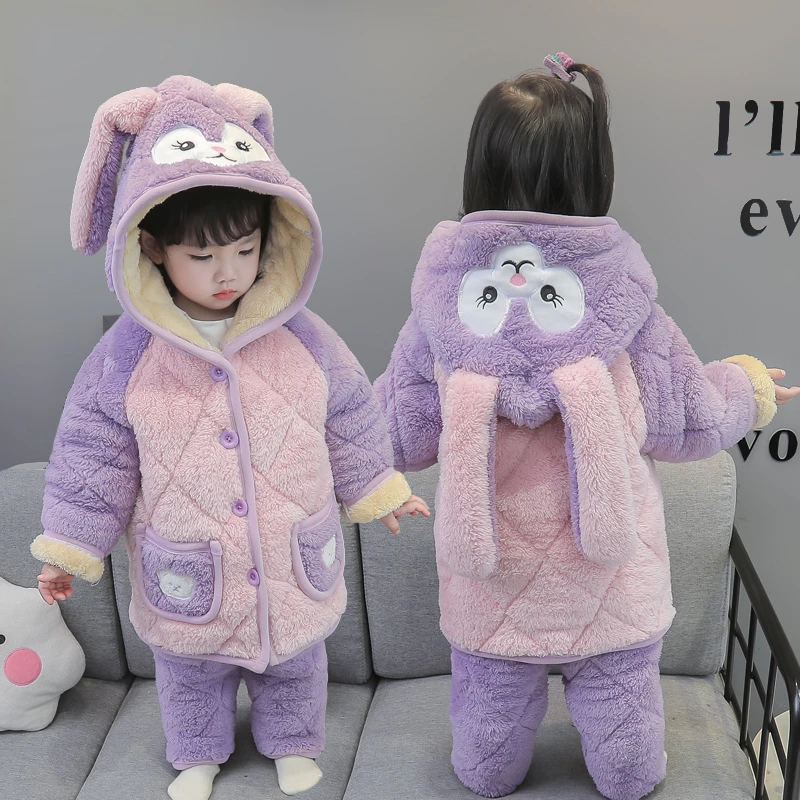 女童夹棉睡衣冬季加厚款三层中长款卡通中小童女孩儿童家居服套装