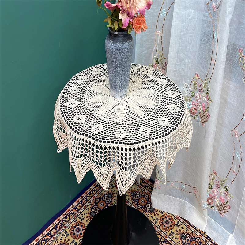 A039棉质（90cm圆）手工满幅钩针家用圆形桌布搭盖巾