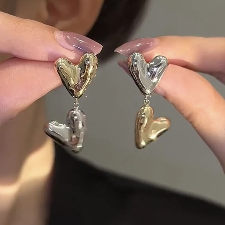 925银针精致轻奢百搭高级感爱心耳钉撞色心形耳环女小众设计耳饰