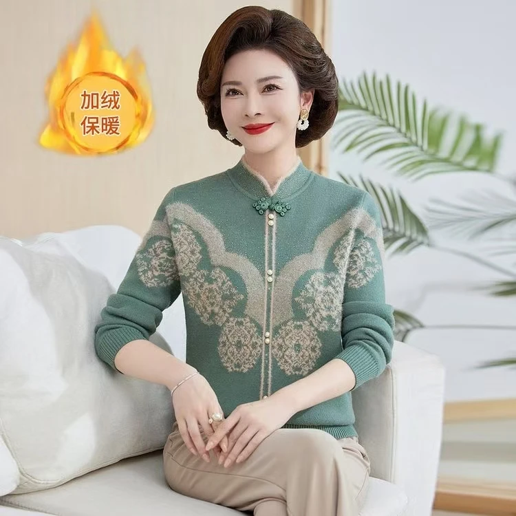 中老年人秋冬加绒保暖上衣妈妈装一体绒打底衫旗袍领加厚内搭毛衣