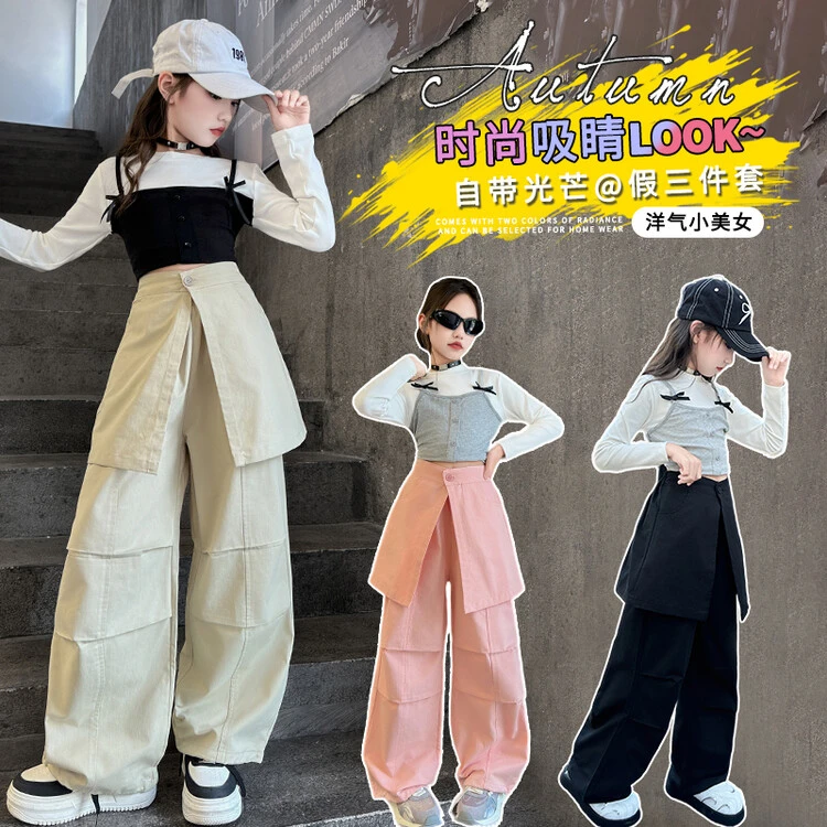 秋季新款韩版个性女孩假两件卫衣加裤子时尚你女童中大童两件套装