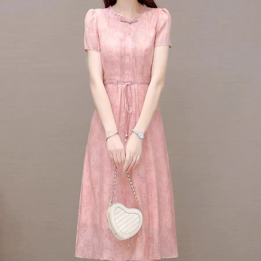 2025夏新款女士夏季连衣裙中长款暗花气质裙子