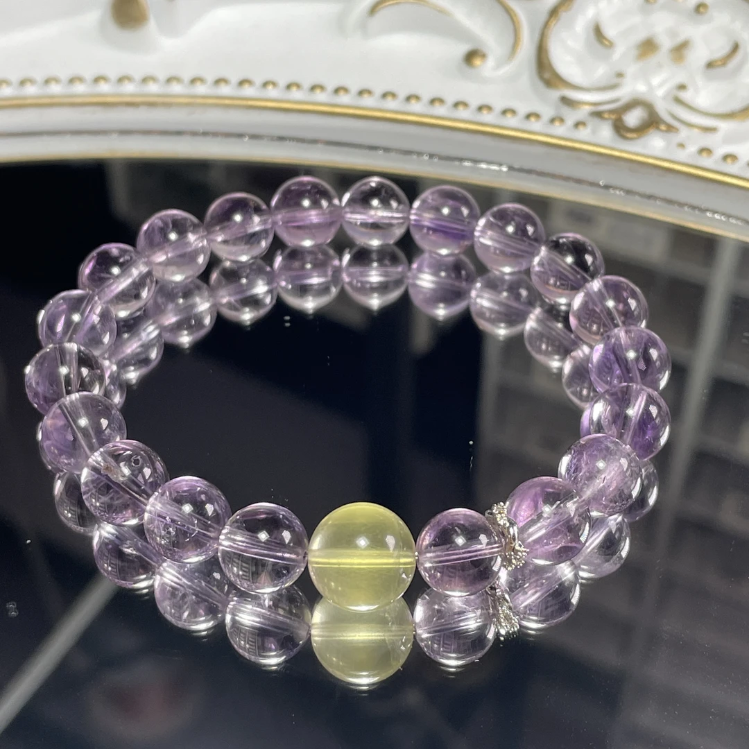 天然巴西紫色紫水晶8+mm搭配柠檬黄单珠少女时尚单圈手链手串