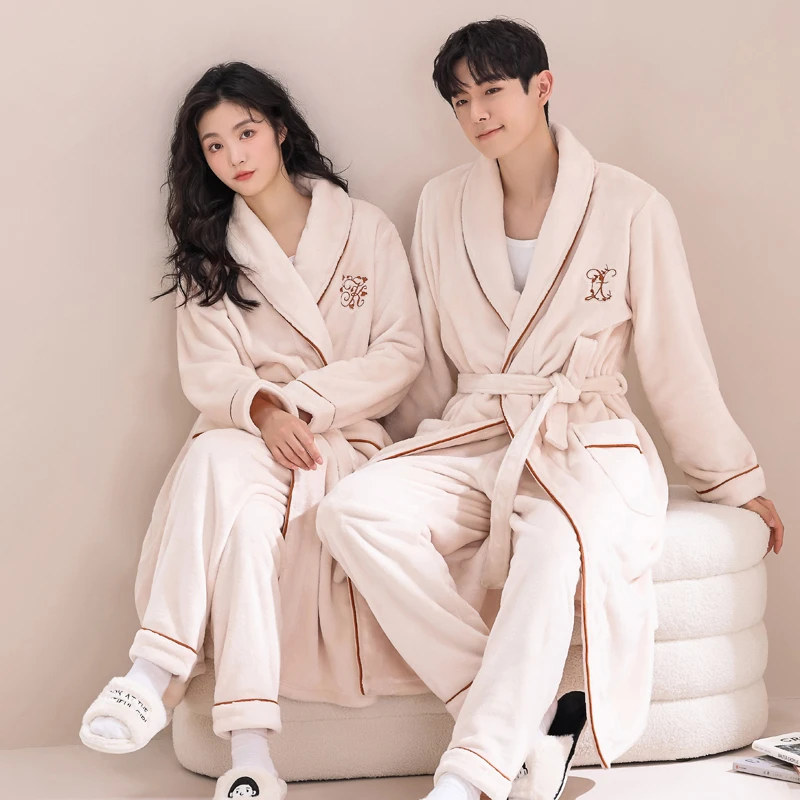 浴袍男士冬季加绒加厚珊瑚绒情侣睡衣女秋冬长款法兰绒睡袍家居服