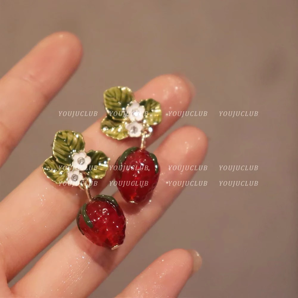 铜合金耳饰 甜甜草莓～精致森系田园少女心酒红色树莓可爱耳环A037