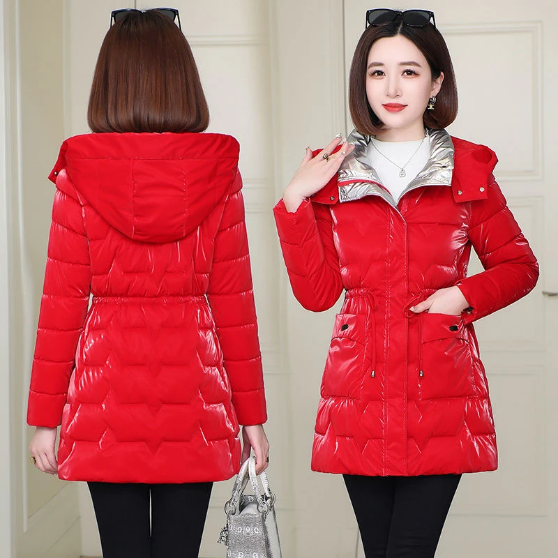 波司澄户外新款炫彩亮面拆卸帽免洗羽绒棉女韩版修身中长加厚棉衣