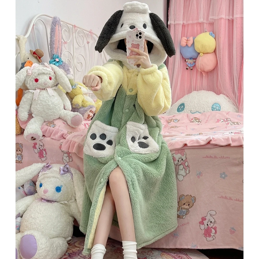 新款少女帕恰狗珊瑚绒睡袍女秋冬季新款加厚家居服睡衣可外穿睡裙