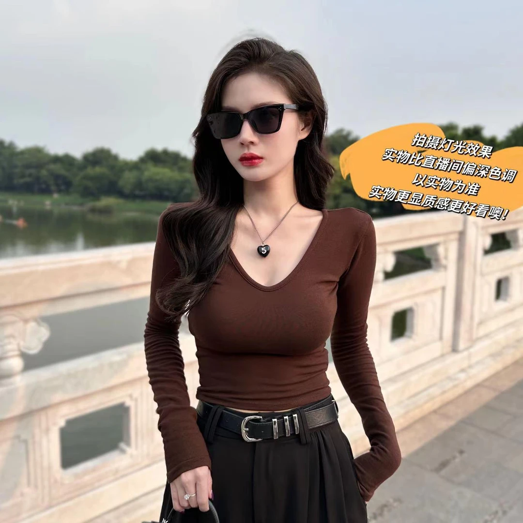 纯色时尚韩式设计感2025年修身长袖T恤基础款无垫肩显瘦百搭上衣
