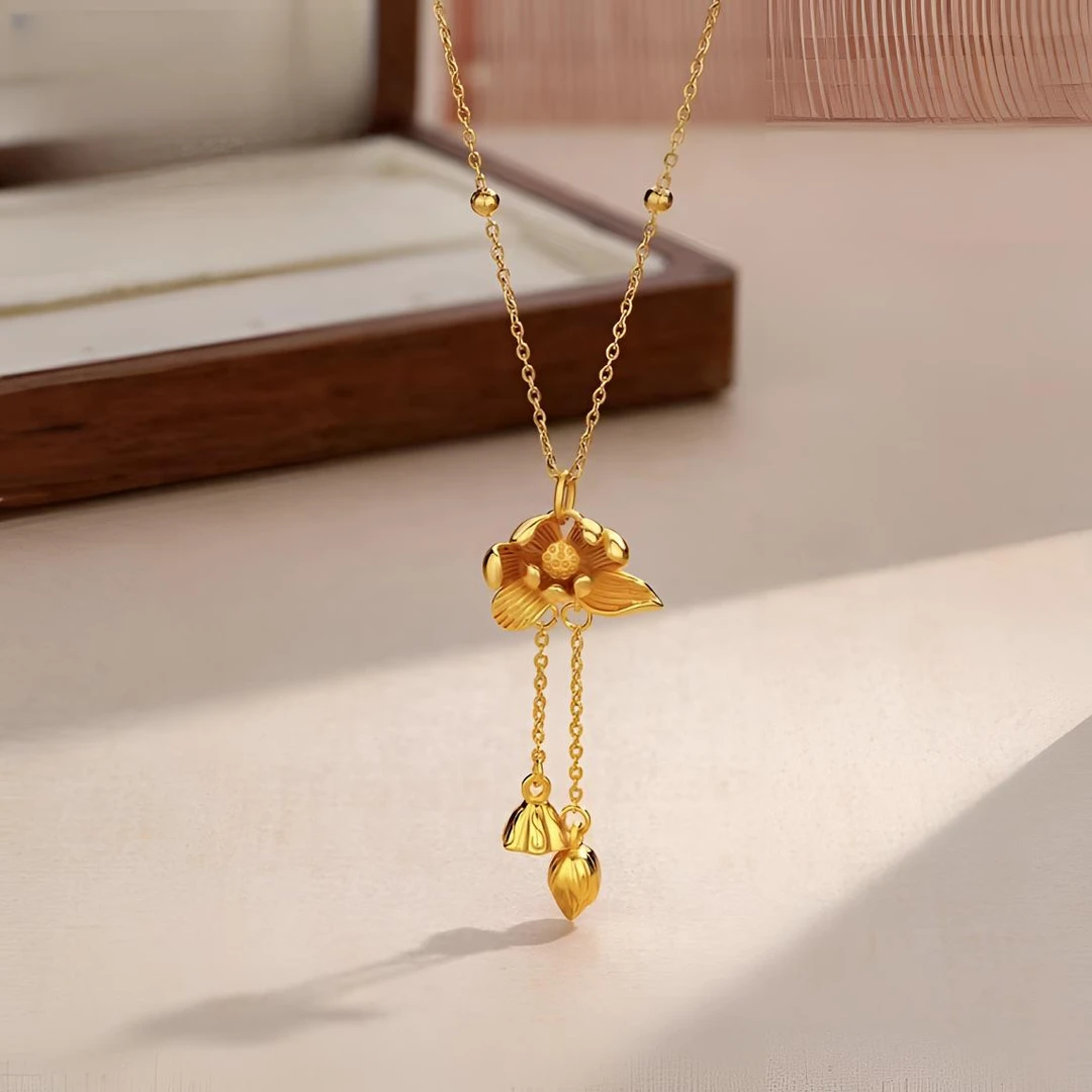 钛钢项链 时尚新款不掉色莲花两世欢项链新中式复古设计感锁骨链