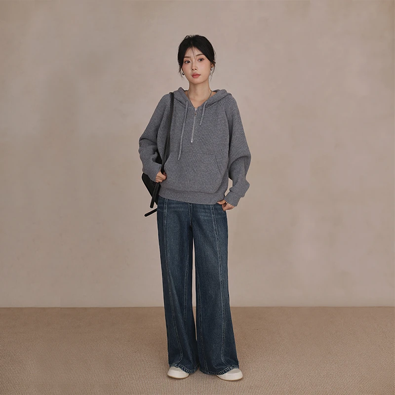 连帽高级灰加厚毛衣长袖针织外套慵懒风宽松百搭显瘦休闲秋冬女