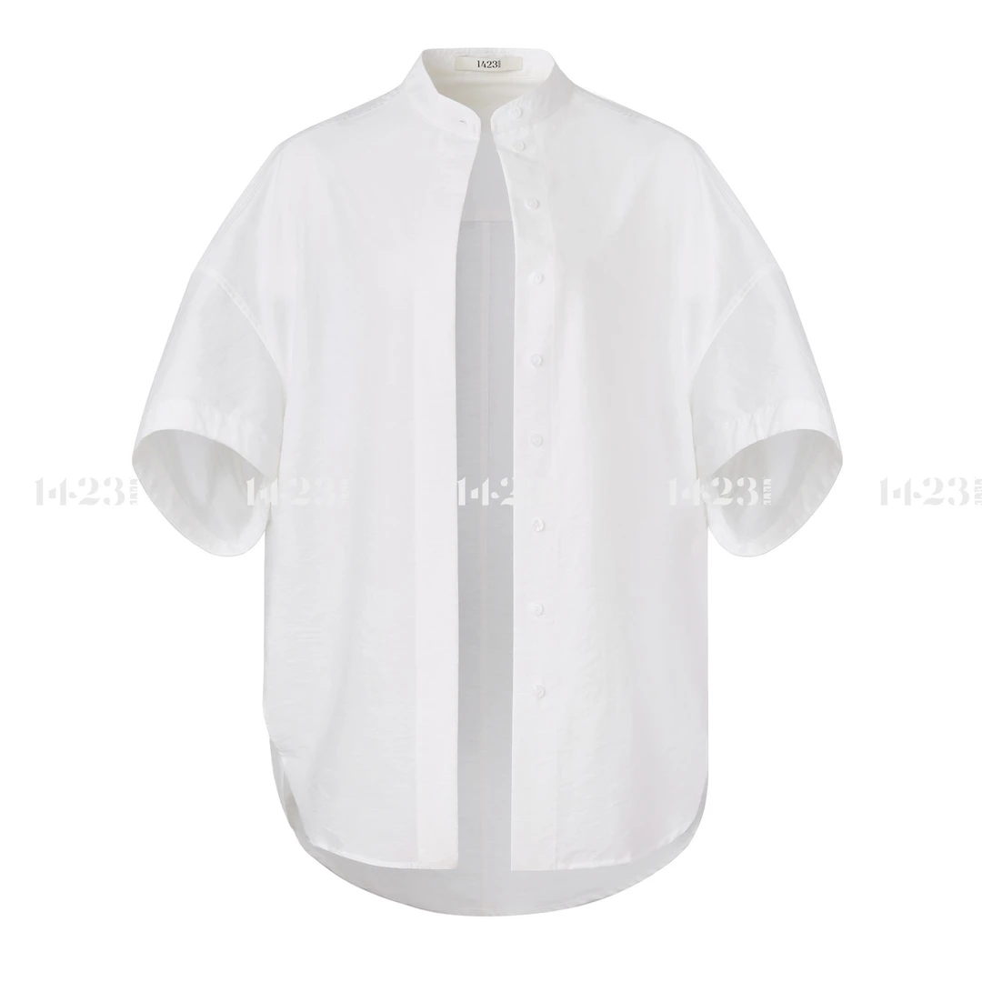 1423【极简外搭衬衫】极简立领垮肩袖设计白衬衫 - J