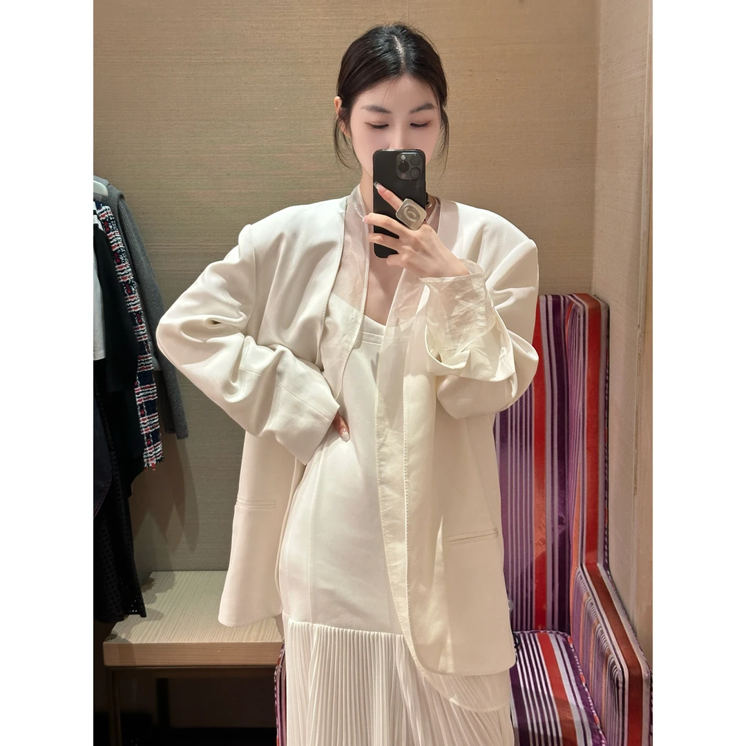 1423【柔纱薄影】慵懒宽松百搭V领真两件套网纱&西装真两件套 - Q