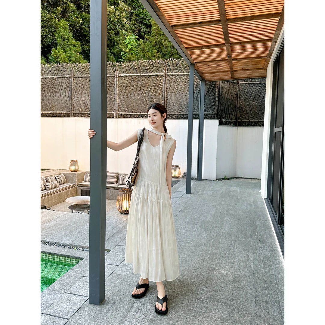 1423【柔色星光】浪漫绑结法式蛋糕鎏光连衣裙 - Q