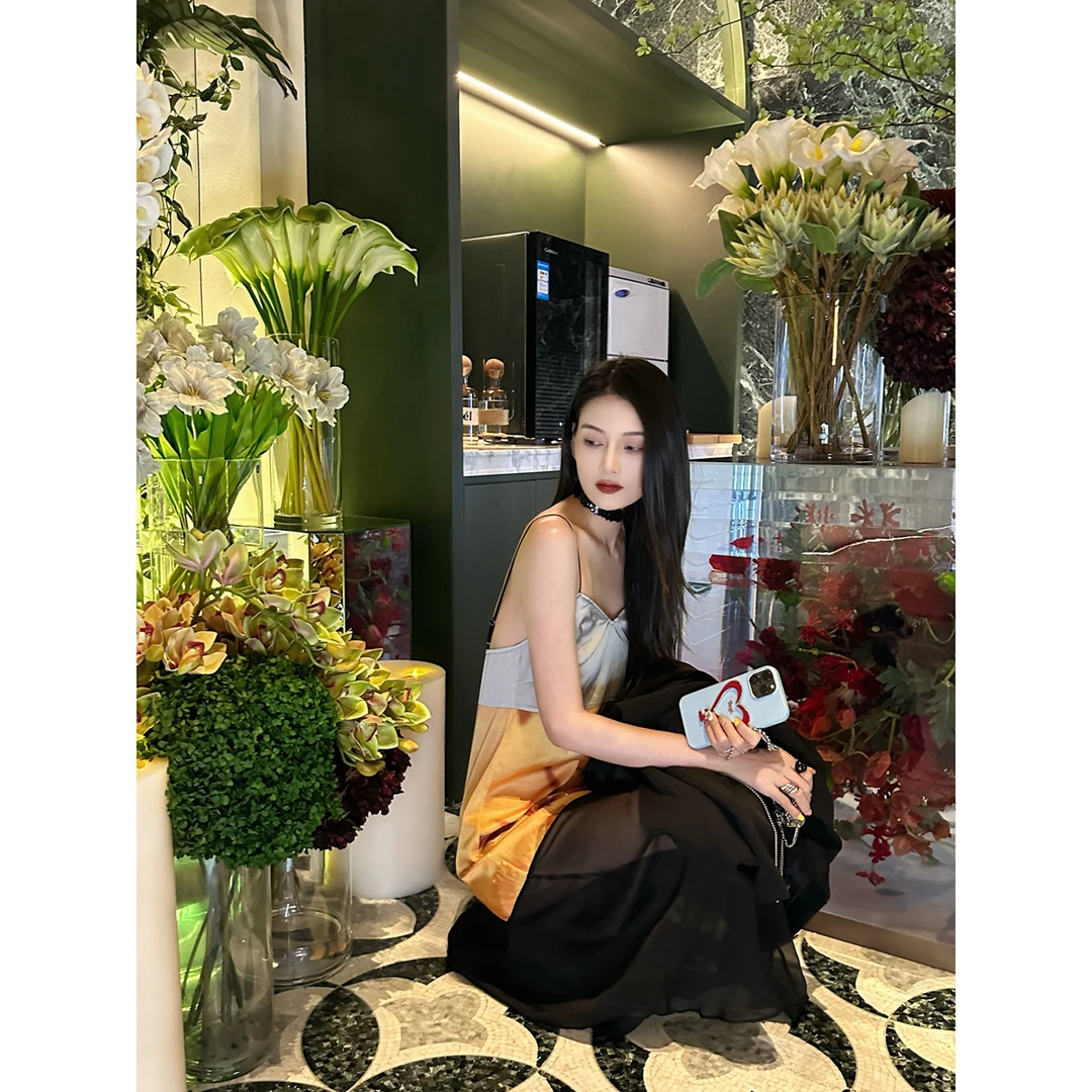 1423【暗香浮动】印花拼接吊带连衣裙 - J