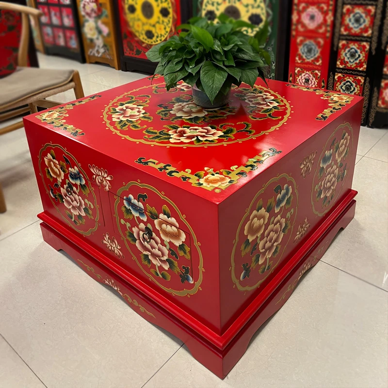 《四屉方茶几》新中式复古手工彩绘客厅茶桌78*78*50