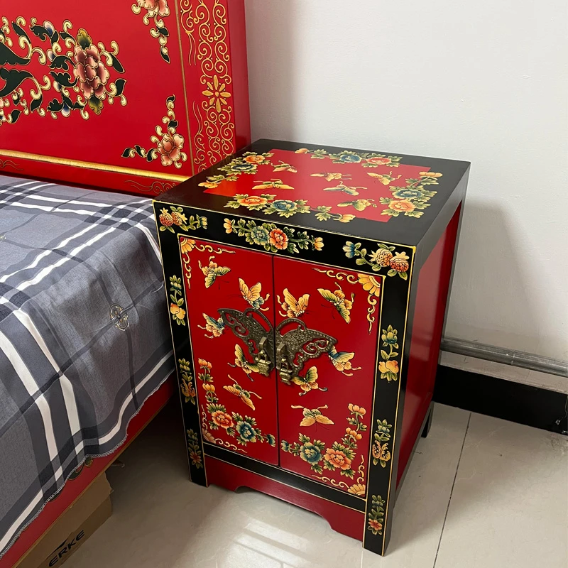 新中式红色黑边床头柜纯手工彩绘轻奢沙发边角柜40*35*60