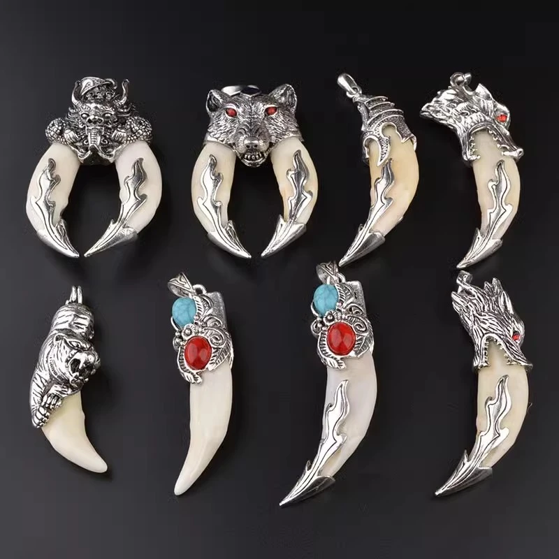 合金吊坠 大号真黑狼狗牙项链男士霸气个性随身挂件送钛钢链时尚