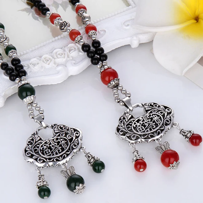 合金项链 复古长命锁圆珠毛衣链长款百搭时尚民族风平安锁项链子