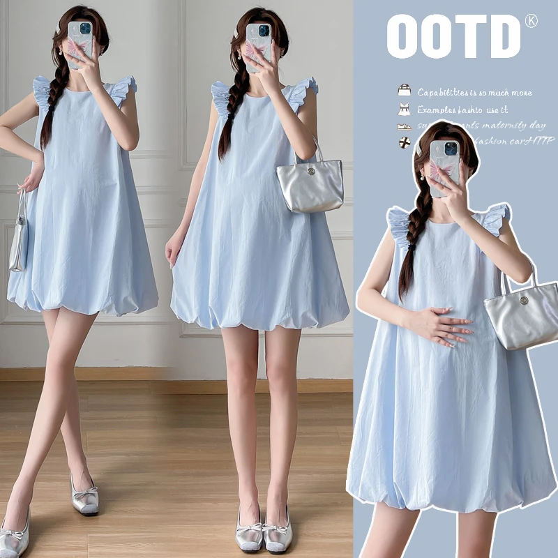 孕妇装夏装背心裙小飞袖甜美减龄小清新宽松纯色夏天中长款花苞裙