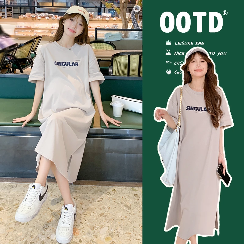 孕妇装夏季时尚大码韩版宽松夏天短袖纯棉字母印花开叉休闲T恤裙