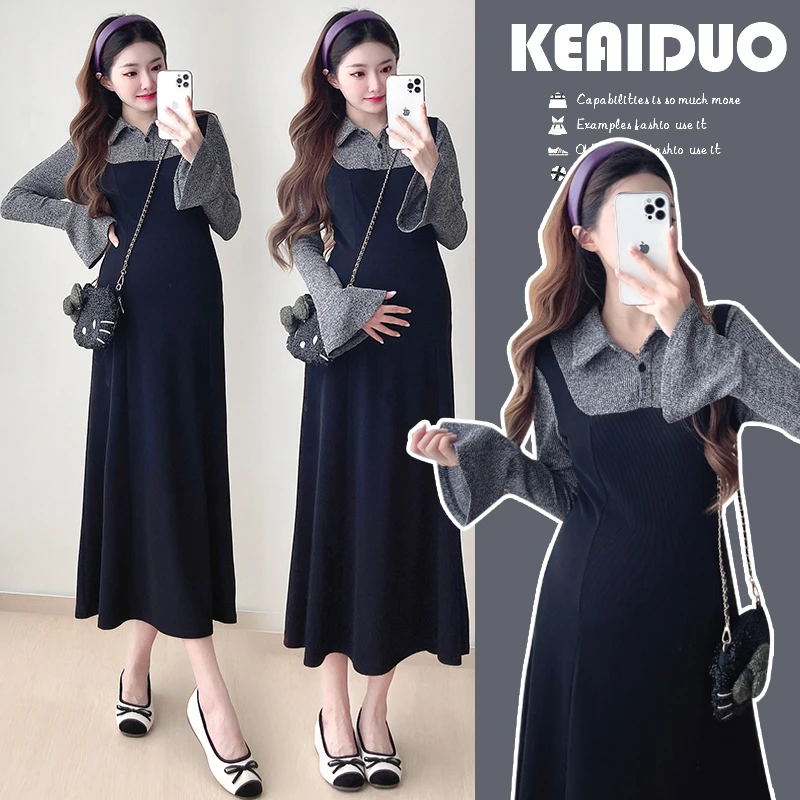 孕妇装2024春秋季新品法式显瘦假两件设计感针织气质孕妇连衣裙