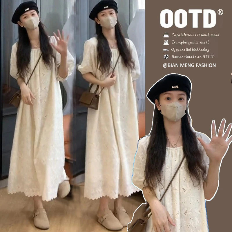 孕妇装白色泡泡袖连衣裙子女夏季2024新款气质小个子时尚妈咪长裙