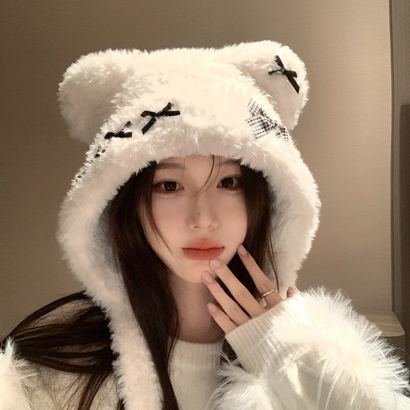 小熊蝴蝶结帽子女秋冬季2025新款可爱保暖护耳朵冬天毛绒帽子