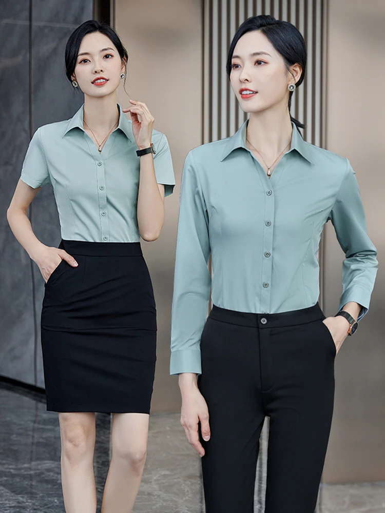 免烫竹纤维V领短袖衬衫女气质职业装衬衣酒店前台4S店工作服夏季