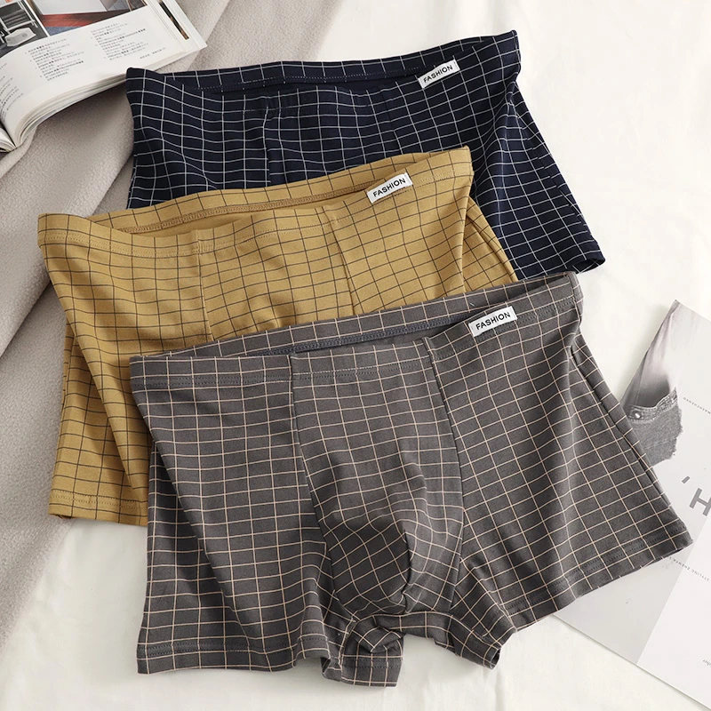 经典格纹男士内裤棉质舒适透气平角裤青年四角裤中腰裤衩子短裤头