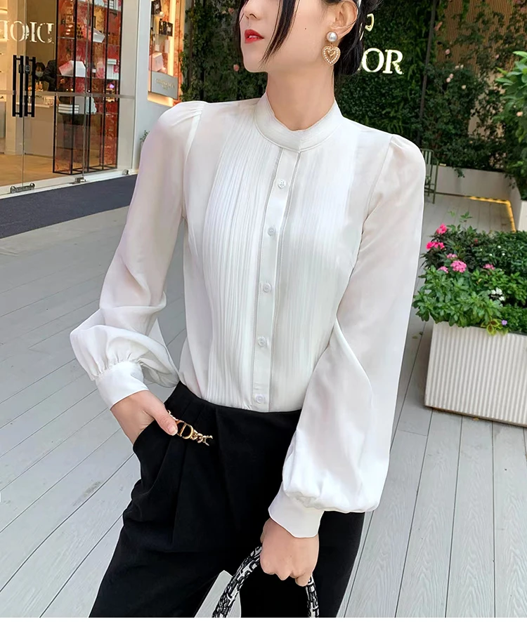 重工艺蝉翼桑蚕丝早秋风琴褶显瘦立领三色收纯色气质上衣衬衫