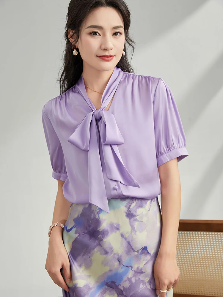 2025女士春秋短袖飘带酸真丝宽松桑蚕丝衬衫
