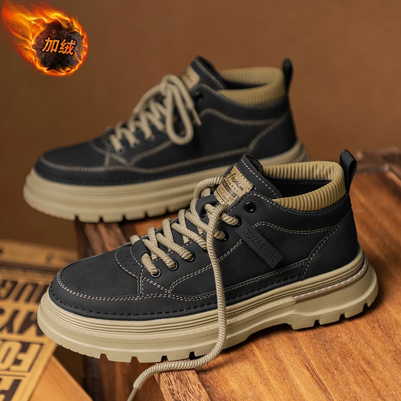 男士保暖鞋加绒加厚冬季新款英伦风休闲短靴厚底防滑运动工装棉鞋