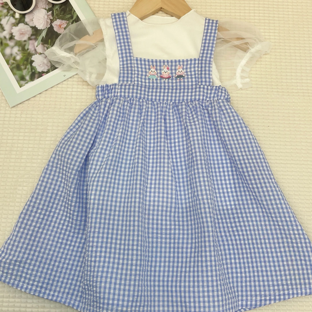 女宝宝夏季小清新吊带蓝白格套装韩版女童蓝色时尚夏款格子唯美