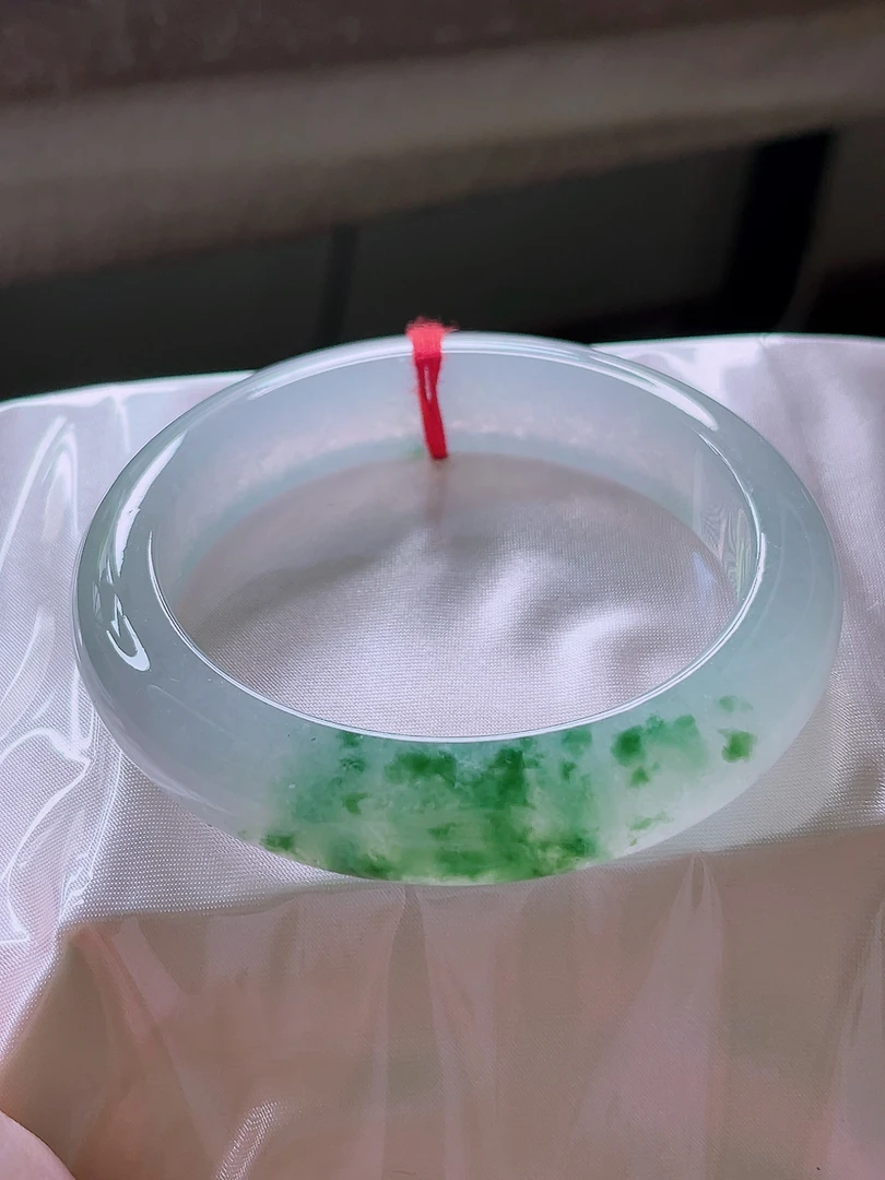 天然缅甸A货纯天然翡翠 正品女款时尚冰种起胶56.5圈飘花手镯