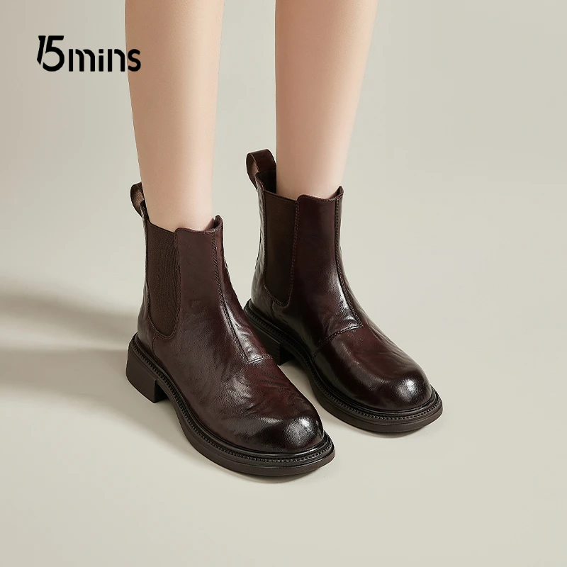 15mins秋冬季真皮粗跟圆头英伦风复古切尔西靴女厚底高跟百搭短靴