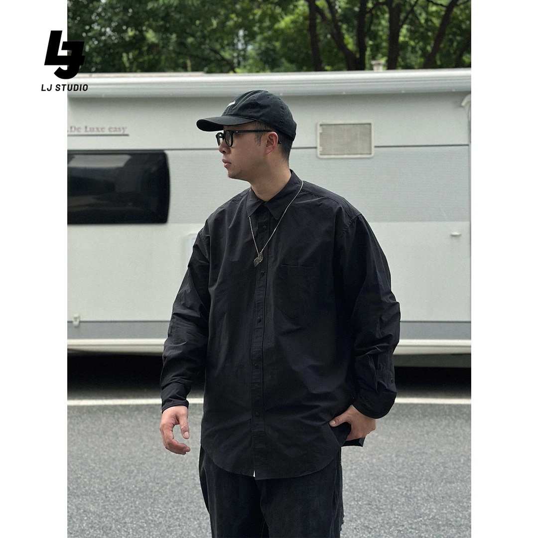23/AW 日系休闲户外 秋装新款四合扣纯色/挺阔宽松百搭长袖衬衫男