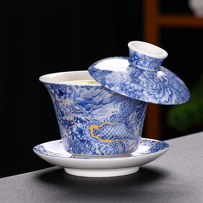 巴花羊脂玉瓷可悬停茶具白瓷高档中式复古金银错瓷盖碗茶碗带盖