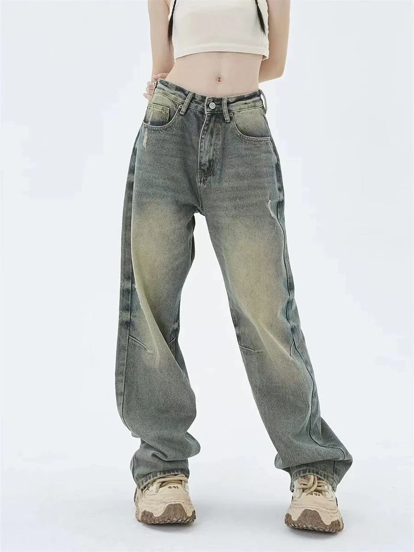 【034】复古水洗黄泥染牛仔裤美式高街vibe做旧嘻哈直筒裤休闲裤
