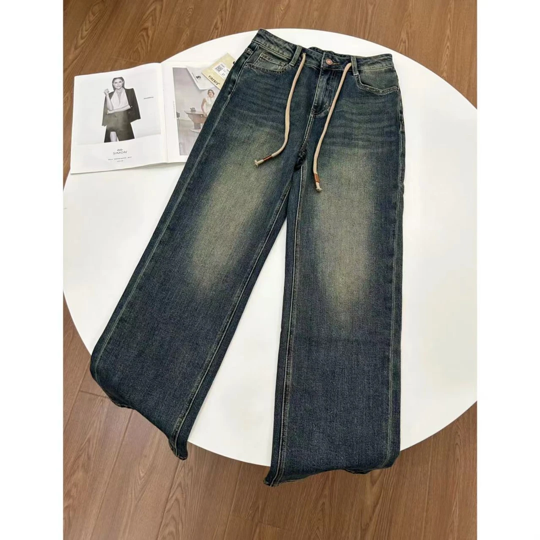 N2654W     抽绳腰后字母皮标牛仔直筒裤  （卡码拍大）