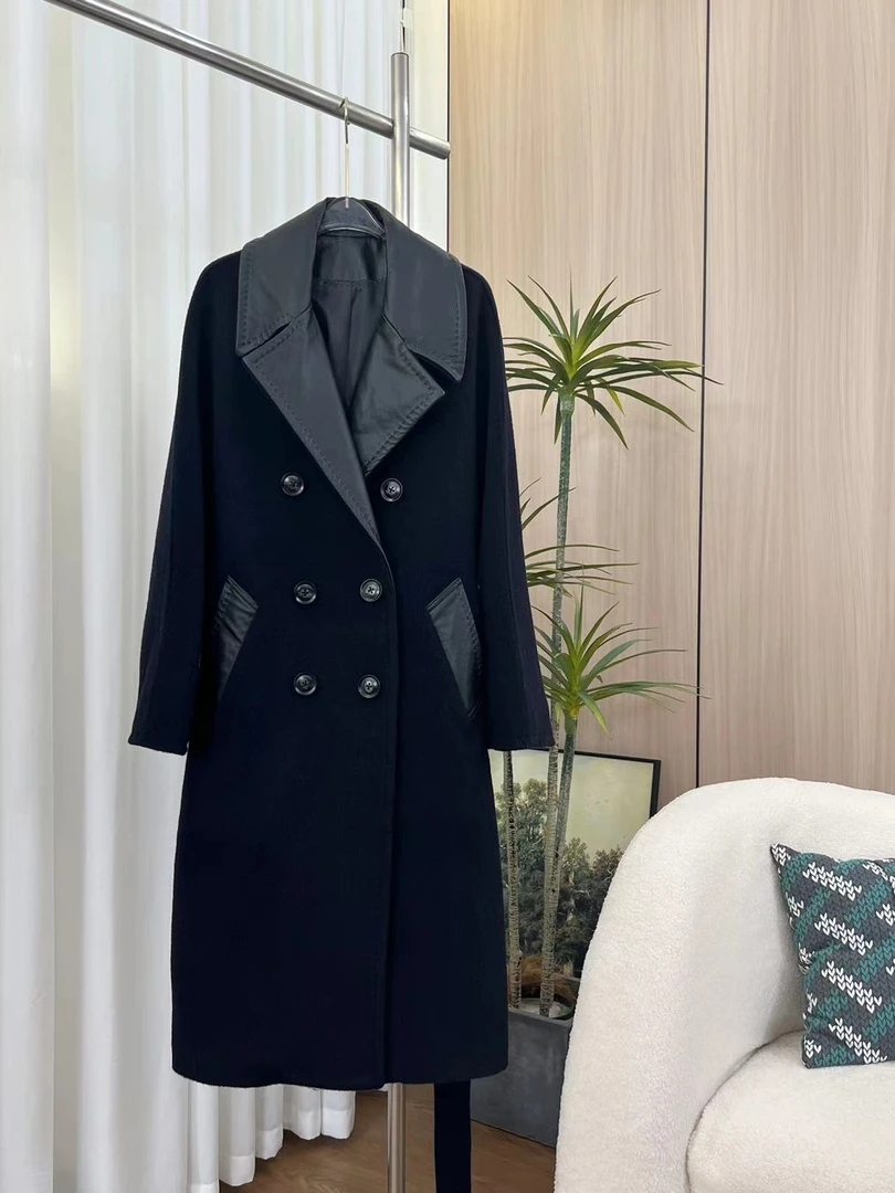 KQ  P885W  秋冬拼皮腰带手工拱针长款双面呢大衣（卡码拍大）