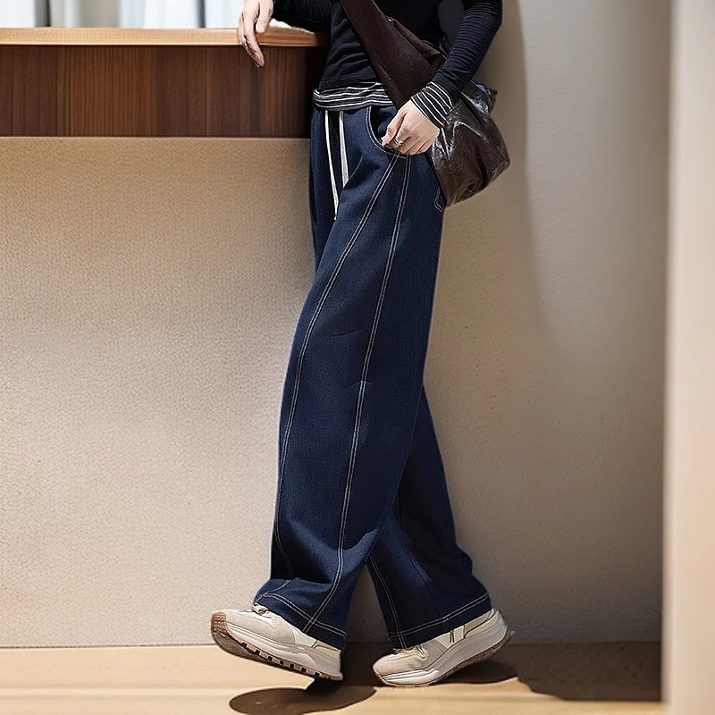 2024新款深蓝高腰厚款休闲长裤女小个子香蕉裤显瘦秋冬必备裤子女