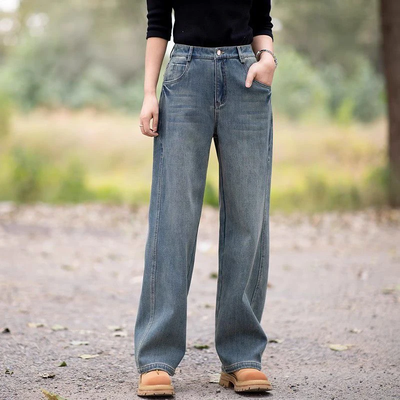 百搭高腰加绒2024秋冬新款显瘦宽松直筒牛仔裤加厚阔腿裤子长裤女